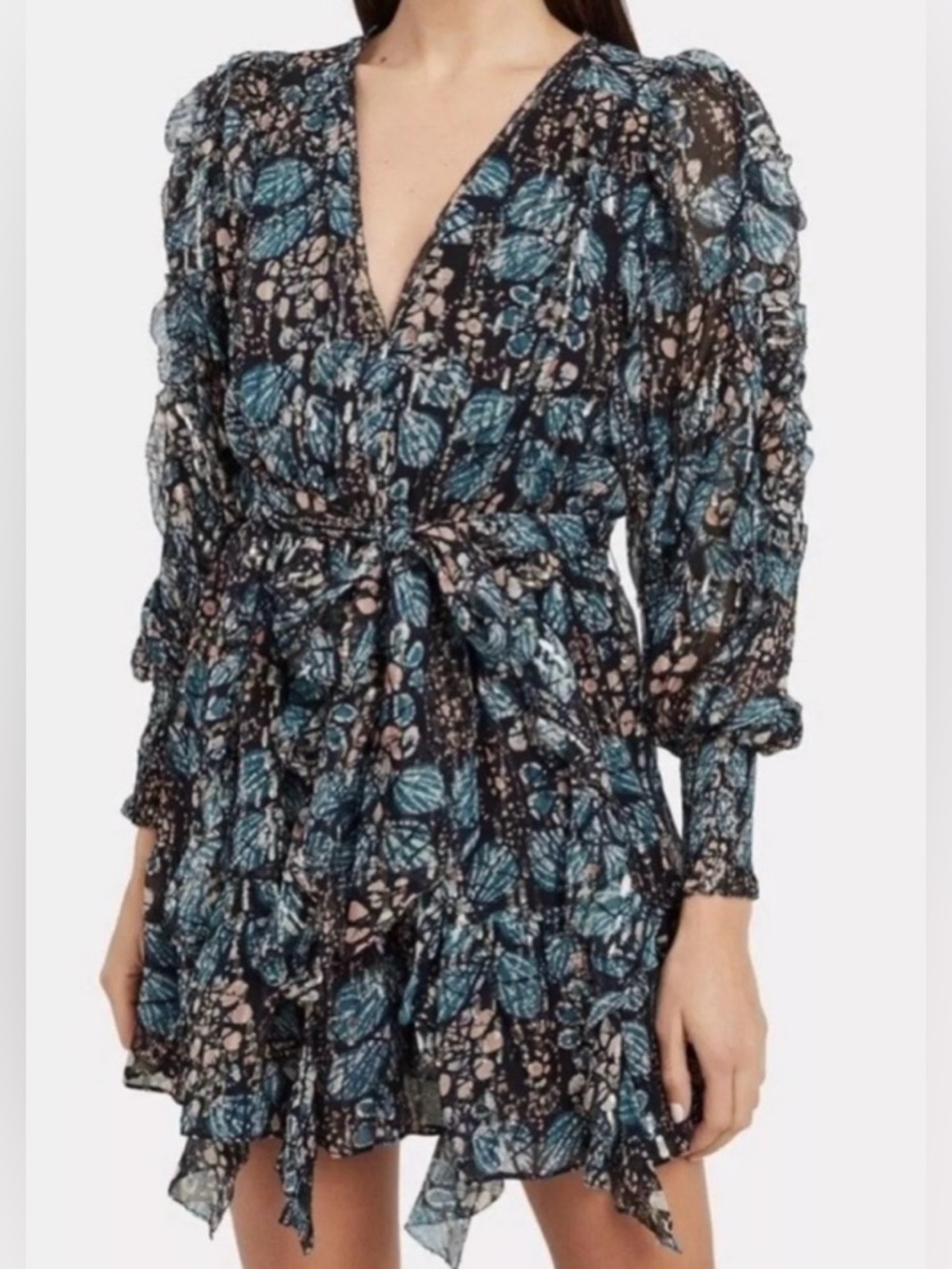 Ulla Johnson Black and Teal Floral Mini Dress with Tie Waist